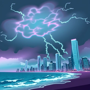 A dramatic sky filled with swirling storm clouds, featuring deep shades of gray and hints of purple. Bright flashes of lightning cut through the clouds, illuminating the scene in stark contrast. Below, a coastal city with modern skyscrapers and bustling streets can be seen, their windows reflecting the light from the storm. The turbulent ocean waves crash against the shore, enhancing the intensity of the atmosphere. The cityscape is partially obscured by the dark clouds, creating a sense of chaos and power in the environment.