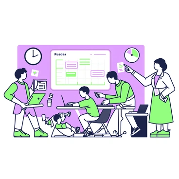 A group of five people is working late at night in a dimly lit office. One person is sitting at a desk, typing on a laptop, while another stands nearby, pointing at a large wall-mounted screen displaying project data and timelines. A third person is seated with a notebook, jotting down notes, and a fourth is leaning back in a chair, deep in thought. The fifth team member is pouring coffee from a thermos into a cup on the table. The room is cluttered with documents and laptops, and the clock on the wall shows late hours.