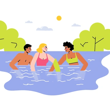 A group of three swimming enthusiasts is enjoying a refreshing dip in a sparkling blue lake. The water appears clear and lively, with ripples reflecting the sunlight. One person has dark hair and is wearing a bright red swimsuit, while another has blonde hair and is in a green swimsuit. The third swimmer has curly hair and is wearing a blue swimsuit. In the background, lush green trees frame the lake, and a few fluffy white clouds dot the blue sky. The sun casts a warm glow over the entire scene, enhancing the cheerful atmosphere.