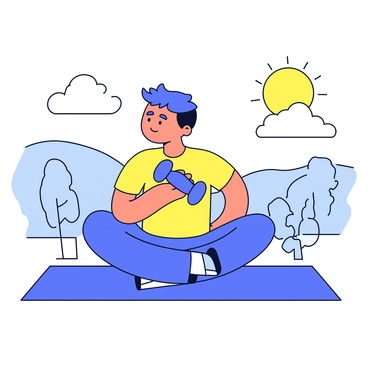 A person with a focused expression is sitting cross-legged on a yoga mat, performing concentration curls with a dumbbell in their right hand. The individual has a relaxed posture, wearing a simple athletic outfit. The background features a minimalistic landscape with gentle rolling hills and a few stylized trees. There is a soft sun in the sky with a few fluffy clouds. The environment conveys a sense of calmness and focus.