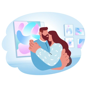 A man with a beard is hugging a woman with long hair. They are positioned in front of a large colorful abstract painting that features swirling shapes and vibrant hues. The man is wearing a casual long-sleeve shirt, while the woman is dressed in a modern patterned blouse. The art gallery has minimalistic white walls and polished wooden floors, enhancing the focus on the couple and the artwork behind them. Various other artworks can be seen in the background, adding to the gallery atmosphere.