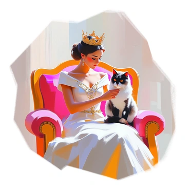 A queen with elegant features and flowing hair is sitting gracefully on a plush velvet chair. She is wearing a luxurious gown made of rich fabrics, embellished with intricate patterns. In her lap, she gently pets a regal cat with a glossy coat that mirrors her own royal attire. The cat is poised and dignified, adorned with a matching crown that complements the queen's. The scene captures a moment of serene companionship between the queen and her feline companion.