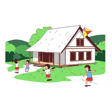 A white traditional bamboo house with a thatched roof is situated in a green landscape. The house has wooden beams and large open windows, allowing sunlight to stream in. Nearby, a group of children are playing joyfully on the grass. One child is flying a colorful kite, while another is playing tag with two friends. In the background, lush trees and rolling hills create a peaceful setting.