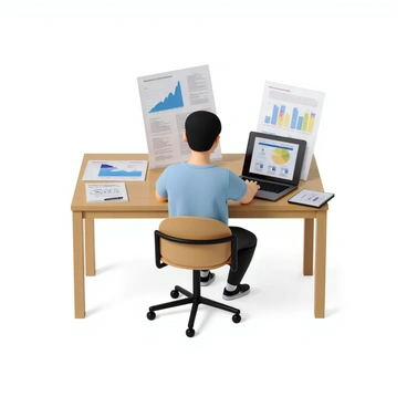 A person with short black hair and wearing a light blue shirt sits at a wooden table. The table is covered with various charts and graphs, showcasing financial data and trends. A laptop is open beside the person, displaying numerical data and investment options. The person is focused on the documents, with a pen in hand, ready to take notes. There is a notepad with sketches of graphs and a calculator nearby, adding to the investment planning scene.