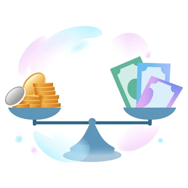 A classic balance scale is positioned centrally, with one side holding a stack of coins. The coins are shining gold and silver, arranged neatly to create a visually appealing display. On the opposite side of the scale, there are several folded bills, displaying different denominations, with vibrant colors showcasing the details of the currency. The background features a smooth gradient of pastel colors, providing a soft and elegant backdrop to the scene. The balance scale is made of polished metal, reflecting light subtly.