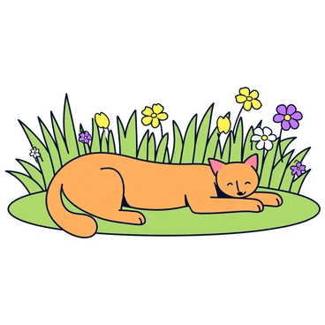 A puma with a sleek, golden-brown coat is lounging in a lush green grassland. The puma is lying comfortably on a patch of soft grass, with its head resting on its paws. Around the puma, there are vibrant wildflowers in shades of yellow, purple, and white scattered among the tall grass. The tall grass sways gently in the breeze, creating a serene and natural environment for the puma.