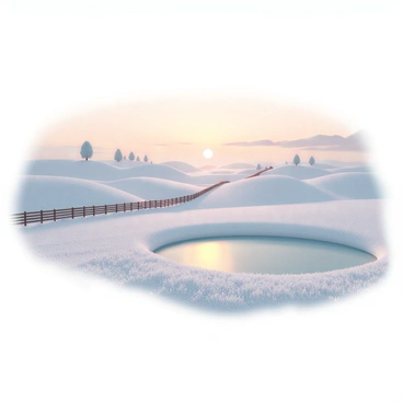 A rural landscape covered in a thick layer of frost, glistening under the early morning light. The scene features rolling hills blanketed in white, with trees on the horizon dusted with frost. In the foreground, a frozen pond reflects the soft hues of the sunrise. The sky is transitioning with shades of orange and pink as the sun rises, casting a warm glow across the scene. A wooden fence runs along a path leading into the distance, surrounded by frosted grass and wildflowers.