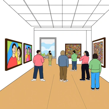 A spacious art gallery with white walls and polished wooden floors. The gallery is filled with several framed artworks, each piece featuring vibrant colors and diverse styles. One artwork depicts a colorful abstract portrait representing blending gender identities. Another piece showcases a large canvas filled with intricate patterns symbolizing self-expression. A large window allows natural light to pour in, illuminating the artworks. Visitors of different backgrounds and ages are seen observing and discussing the pieces, adding to the lively atmosphere of the gallery.