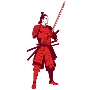 A red samurai is standing in an iconic battle-ready pose, gripping a gleaming katana in his right hand. His armor is detailed and traditional, with intricate patterns and embellishments visible on the surface. The samurai's stance is firm, with his feet firmly planted on the ground, and the katana is held high, angled toward the sky. A determined expression is visible on his face, showcasing focus and readiness. The background is minimalist, emphasizing the samurai's stance and weapon.