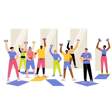 A fitness class with several individuals standing in a bright, spacious gym. Each person is holding a dumbbell above their heads, performing shoulder presses in unison. The individuals come in various sizes and ethnicities, showcasing a diverse group. Some are wearing colorful workout attire, while others are dressed in more neutral colors. In the background, there are large mirrors reflecting their movements, and fitness mats are laid out on the floor. The atmosphere is energetic, with a coach in front guiding the class. The coach is wearing a whistle and encouraging the participants.