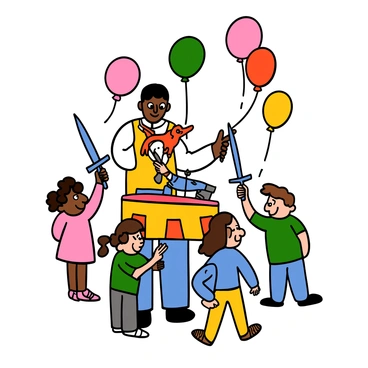 An artist with light skin and short black hair is standing at a colorful stall, crafting intricate balloon animals. The artist is wearing a bright yellow apron over a white shirt and blue jeans. Around him, several excited children with big eyes are watching intently. One child is a girl with curly hair and a pink dress, pointing at a red balloon dog. Another child is a boy with short brown hair and a green t-shirt, holding a blue balloon sword. The scene is filled with colorful balloons of various shapes and sizes hanging around the stall.