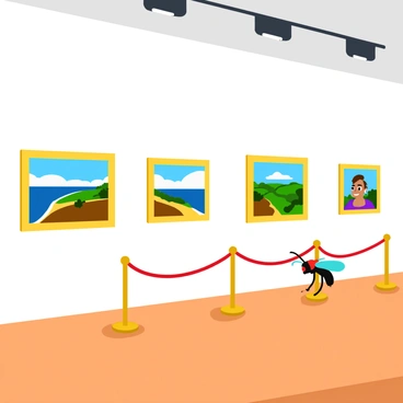 A small fly with iridescent wings is hovering in front of a series of tiny paintings displayed on the white walls of an art gallery. The paintings depict detailed, miniature landscapes and portraits. The gallery is well-lit, emphasizing the vibrant colors of each artwork. The floor is polished wood, reflecting the light from the elegant overhead fixtures. There are small velvet ropes guiding visitors, creating a formal gallery ambiance. The fly appears to be examining the brushstrokes closely, showcasing its interest in the tiny masterpieces.