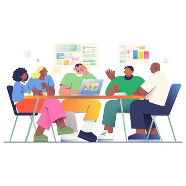 A group of five professionals is seated around a large wooden table engaged in a lively discussion. There are two women and three men, representing a range of ethnic backgrounds, including one woman with curly black hair wearing a blue blouse, and another woman with straight blonde hair in a red dress. One man has short brown hair and is dressed in a green shirt, while another man has long dark hair tied back, wearing a black turtleneck. The last man has a shaved head and is in a white button-up shirt. On the table, there are notebooks, colorful sticky notes, and a laptop open with a vibrant presentation displayed. The atmosphere is dynamic, with laughter and gestures illustrating the exchange of creative ideas.