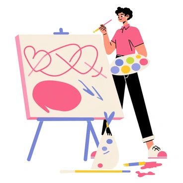 An artist standing in front of a large canvas, with a palette full of bright colors including red, pink, and purple. The canvas displays an abstract piece featuring swirling shapes and intertwining lines that symbolize "love" and "connection." The artist is using a brush to add bold strokes and texture to the vibrant artwork. Surrounding the canvas are paint splatters and brushes lying on the ground, showcasing the creative process. The artist has an expression of focus and passion as they work on their masterpiece.