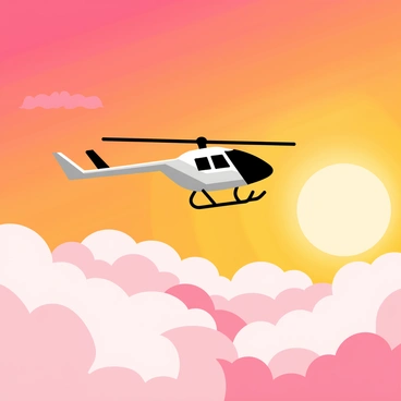 A private helicopter flying in the sky during sunrise. The helicopter is sleek and modern, with a shiny silver body and black rotor blades. The sky is filled with vibrant shades of "orange" and "pink," creating a stunning backdrop. The sun is partially visible, casting golden rays that illuminate the helicopter as it ascends. Fluffy white clouds are scattered across the sky, catching the morning light and adding depth to the scene.
