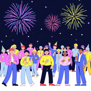 A crowded party scene filled with people, some standing and others dancing. They are wearing colorful party hats and holding drinks. In the background, a dark night sky is illuminated by vibrant fireworks in various shapes and colors, bursting with brightness. The people are smiling and cheering, creating an atmosphere of joy and celebration. The ground is decorated with confetti, adding to the festive mood of the occasion.