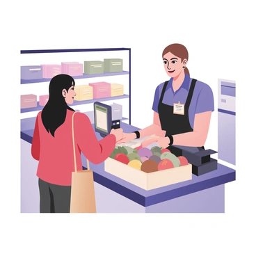 A cashier standing behind a checkout counter, wearing a blue uniform and a name tag. The cashier has short brown hair and is smiling while scanning items with a barcode scanner. A colorful display of groceries is visible on the counter, including fruits, vegetables, and packaged items. The customer, a woman with long black hair wearing a red sweater, is standing in front of the counter, holding a reusable shopping bag. The cashier is handing a printed receipt to the customer with their right hand, while the left hand is resting on the counter. The background has shelves filled with more products, creating a busy grocery store atmosphere.