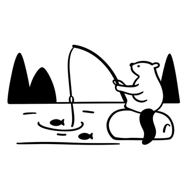 A groundhog sitting on a rock at the edge of a lake, holding a fishing rod. The groundhog has its body turned towards the water, with the fishing line cast out into the lake. Soft ripples are visible on the surface of the water. In the background, silhouettes of trees are outlined against the rising sun. A few small fish can be seen jumping out of the water nearby. The scene is tranquil, capturing the early morning light reflecting off the lake's surface.