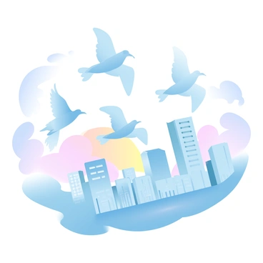 A flock of birds made from folded currency bills is soaring gracefully above a cityscape. The city features tall buildings with various architectural designs, some with glass facades reflecting the light. In the background, a sunset casts a gradient of pastel colors across the sky, enhancing the scene with warm tones. The birds are in mid-flight, their wings spread wide, creating a dynamic and interesting visual against the urban backdrop. Below, the streets are lined with smaller structures, creating a bustling atmosphere.