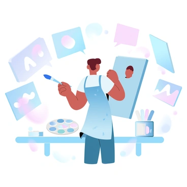 An artist with a paintbrush in one hand is standing in front of a mirror. The artist is wearing a paint-splattered apron and has a variety of tubes of paint scattered on a nearby table. The mirror reflects the artist's focused posture and the colorful palette resting beside them. Surrounding the artist are several canvases, each depicting different abstract shapes and colors, representing their contemplation of emotions through art.