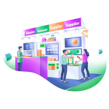 A vibrant trade show booth filled with various supplier products neatly displayed on elegant shelving. Colorful banners hang above, featuring the names of each supplier in bold, eye-catching fonts. Engaging displays, including interactive screens and product samples, are positioned throughout the booth. Visitors are seen exploring the products, some engaging with demonstrations while others examine the items closely. The atmosphere is lively, with people discussing and networking amongst themselves. Bright lighting illuminates the scene, enhancing the appeal of the products on display.