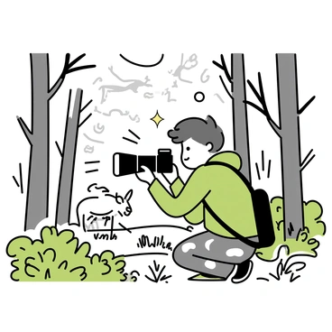 A photographer, wearing a green jacket and camouflage pants, is crouched behind a bush in a dense forest. He is holding a large camera with a long lens, focusing intently on a scene in front of him. Surrounding him are tall trees with thick trunks and a variety of green foliage, including ferns and shrubs. Sunlight filters through the leaves, creating dappled light patterns on the forest floor. In the distance, a deer can be seen moving gracefully among the trees, framed against the rich greenery.
