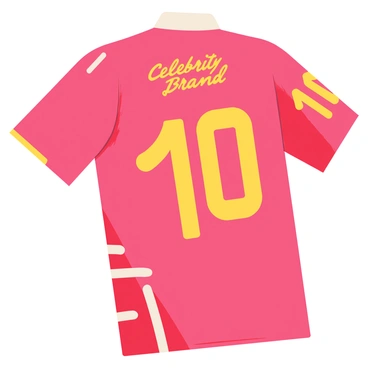 A soccer jersey featuring a bold design with a bright red base color. The jersey has a large circular emblem on the chest that includes "Celebrity Brand" in dynamic lettering. Stripes in a contrasting white color run down the sides of the jersey. The sleeves are short and feature a unique pattern inspired by the celebrity's personal style. The back of the jersey displays a large number "10" in an eye-catching font. The collar is a modern, rounded design, adding a contemporary touch to the overall look of the soccer jersey.