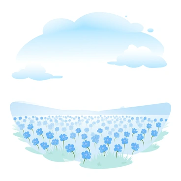 A vast field filled with numerous bluebonnets swaying gently in the breeze. The flowers are vibrant and cover the ground in a blanket of blue, with some patches of green grass interspersed among them. Above, the sky is bright blue, dotted with fluffy white clouds that float lazily, casting soft shadows on the field below. The scene conveys a sense of openness, with the horizon stretching far into the distance.