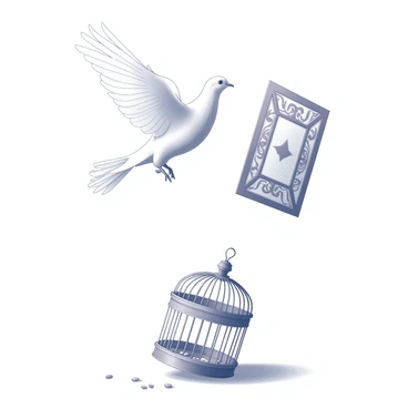 A white dove is in mid-flight, emerging from an open cage that is suspended in the air. The cage is detailed with intricate patterns, and the door is swung wide open, suggesting the concept of liberation. The dove's wings are fully extended, showcasing its feathers in a dynamic pose as it ascends into the sky. Below, the cage rests on a flat surface, with a few scattered seeds inside, indicating the past confinement. The scene captures a moment of freedom and transformation, embodying the essence of forgiveness.