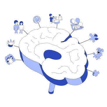 A joyful memory being processed by the amygdala, illustrated with bright colors and happy scenes.