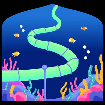 An imaginative scene with a bioluminescent oil pipeline glowing under water