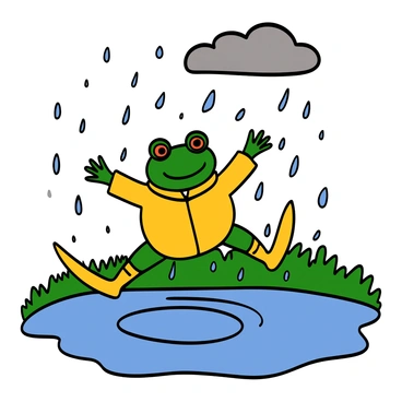 A frog with bright green skin wearing a shiny yellow raincoat and matching yellow rubber boots. The frog is joyfully jumping and splashing through puddles on a rainy day. Water droplets are scattering around, creating ripples in the puddles. The background features a cloudy sky and lush green grass, enhancing the vibrant colors of the scene.