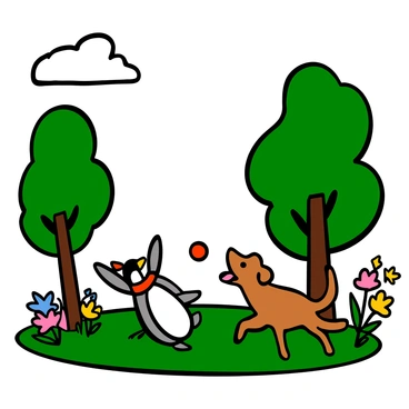 Feathers McGraw, a light-grey penguin with a smooth head and a distinctive red scarf around his neck, is playing fetch with a cheerful golden retriever in a bright, sunny park. The dog is eagerly running toward a bright orange ball that Feathers has just thrown, its tongue hanging out in excitement. Surrounding them are tall green trees with lush foliage, and colorful flowers blooming in vibrant shades of pink, yellow, and blue, creating a lively atmosphere. The sky is clear with a few fluffy white clouds, adding to the cheerful scene.