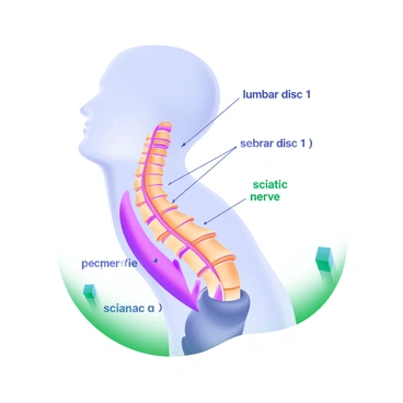 An educational illustration depicting a human spine in profile view. The spinal discs are clearly shown compressing the "sciatic nerve" which runs alongside the spine. Each spinal disc is labeled with its corresponding name, such as "lumbar disc 1," "lumbar disc 2," etc. The "sciatic nerve" is also labeled for clarity. The illustration uses a modern pastel color palette, with soft shades to distinguish each element while maintaining readability. The background is minimal to emphasize the anatomical details.