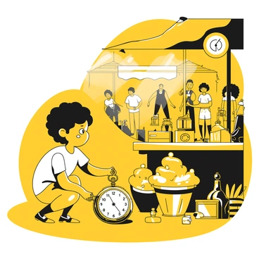 A child with short hair, wearing a simple shirt and shorts, is crouched down at a stall in a busy market, looking intently at an antique pocket watch. The pocket watch is intricately designed, with visible gears and a shiny surface. Surrounding the child are various market items, such as colorful fabrics spread out on tables, and other antique objects. The background features blurred figures of vendors and shoppers moving about, adding to the lively atmosphere of the market. Sunlight filters through the canopy overhead, illuminating the child's expression of wonder.