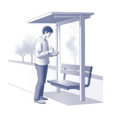 A person waiting at a bus stop, looking at their watch while holding a coffee cup.
