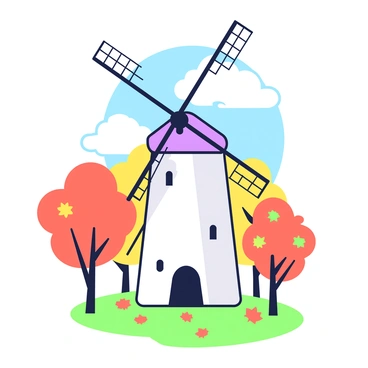 A windmill stands prominently in the foreground, featuring a large white body and wooden blades. Surrounding the windmill, trees display vibrant autumn foliage with leaves in shades of orange, red, and yellow. The ground is covered with fallen leaves that add to the seasonal atmosphere. A clear blue sky is visible above, contrasting with the warm colors of the trees. The windmill's shadow stretches across the ground, creating distinct shapes among the leaves.
