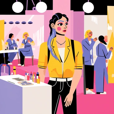 A model standing backstage with a unique and striking makeup look. The makeup features bold, vibrant colors applied to the eyes, cheeks, and lips, creating an avant-garde aesthetic. The model has long hair styled dramatically, with sections dyed in contrasting shades. She is surrounded by bright lights and makeup products scattered on a table nearby. The atmosphere is lively, with other models and makeup artists visible in the background preparing for the show.