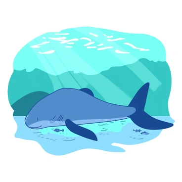 A large sea creature with a smooth, shimmering body is peacefully sleeping beneath the waves. Its fins are gently spread out, creating a graceful silhouette against the ocean floor. Sunlight filters down through the water, casting soft patterns of light on the creature. Surrounding it are small fish swimming curiously, their colors contrasting against the creature's skin. The water is a vibrant mixture of blue and teal, enhancing the serene atmosphere of the underwater scene.