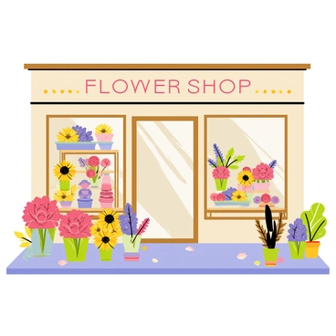 A flower shop with a wooden exterior and large glass windows. Inside, there are shelves filled with colorful bouquets of flowers, including red roses, yellow sunflowers, and purple lilacs. Vibrant bouquets are arranged in various sizes, spilling out onto the sidewalk in front of the shop. The sidewalk is adorned with scattered petals and small potted plants. A sign above the entrance reads "Flower Shop" in bold, cheerful letters.