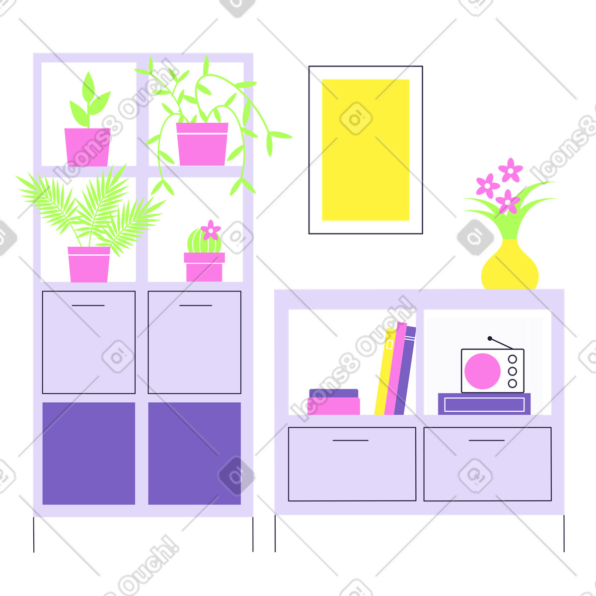 Interno domestico moderno con libreria e piante illustrazione in stile Mellow scarica in PNG, SVG