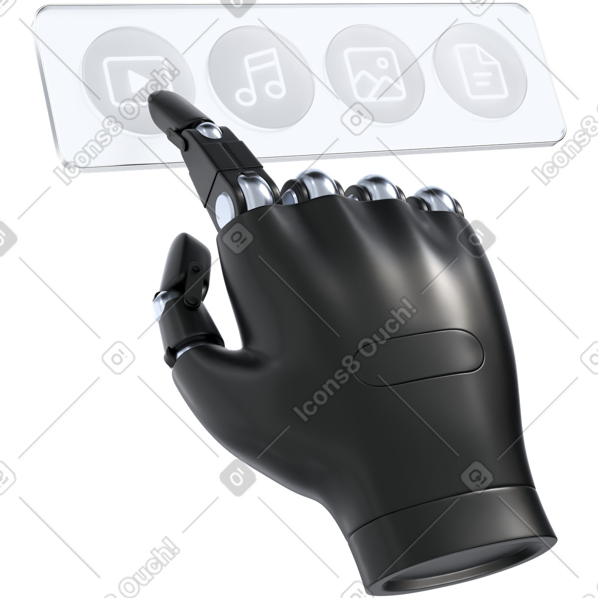 Robotic Hand Using Media Control Panel, Digital Content Management, Multimedia Workflow Automation illustration in 3D Pro style download in PNG, SVG
