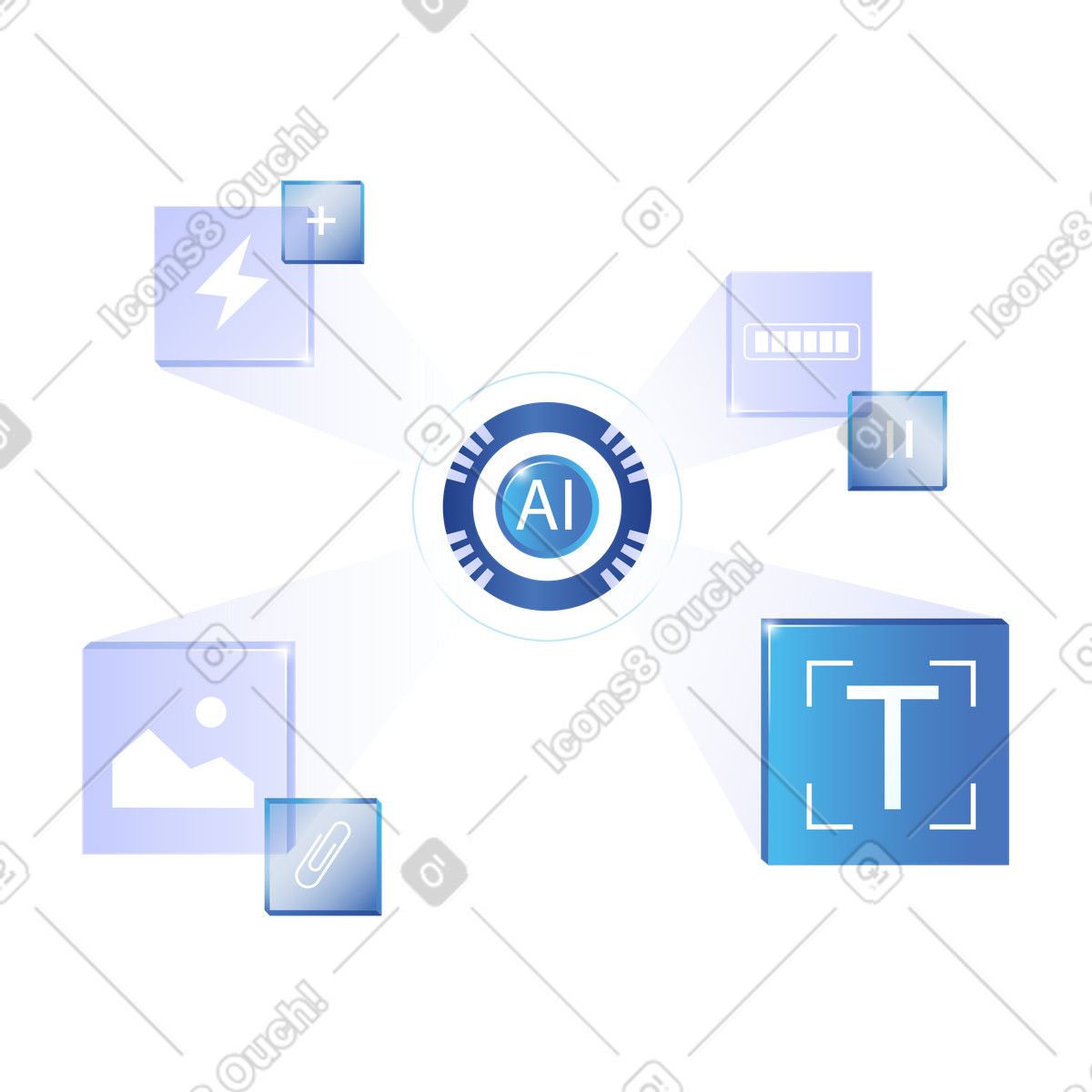 Motore di contenuti basato sull'intelligenza artificiale. interfaccia di automazione del sistema basata sull'intelligenza artificiale. assistente ai per la generazione multimodale. flusso di lavoro automatizzato basato sull'intelligenza artificiale. illustration in PNG, SVG