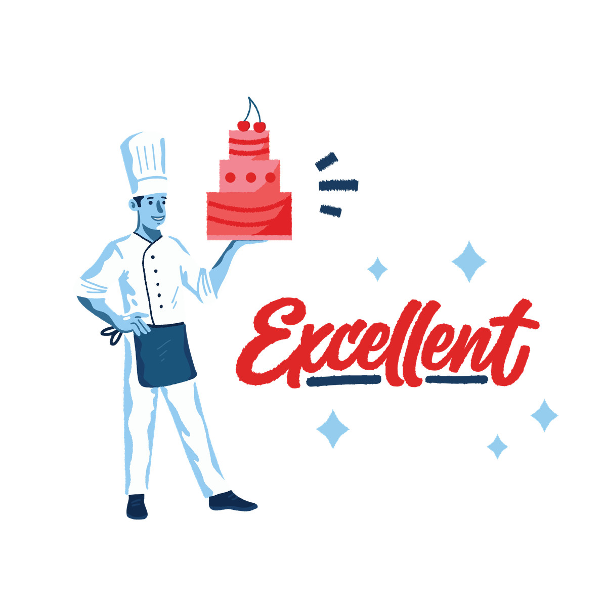 Lettering eccellente e chef che tiene la torta illustrazione in stile Cherry scarica in PNG, SVG