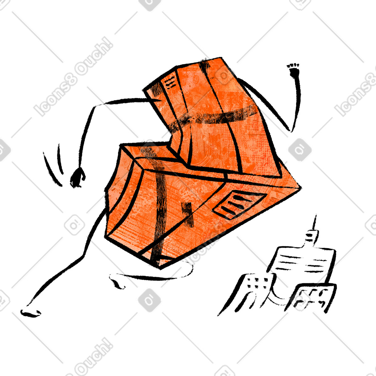 Doobry スタイルの 市内で配送中のダンボール箱 のイラストをPNG、SVG形式でダウンロード