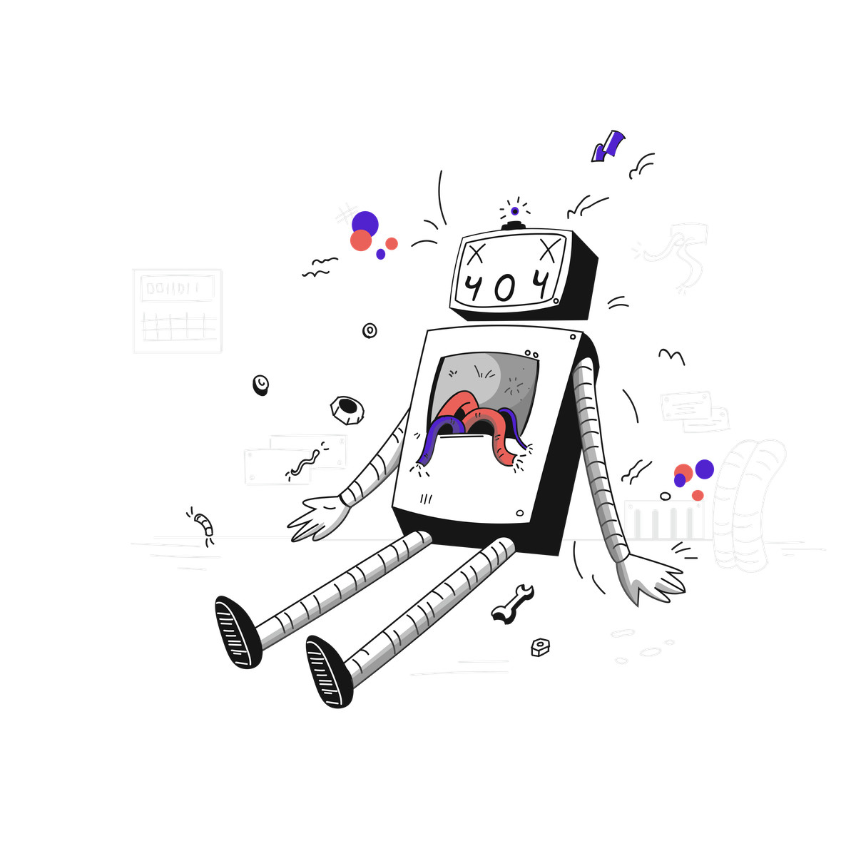 Broken robot with open chest and 404 code, Technical issue troubleshooting illustration in Pixeltrue style download in PNG, SVG