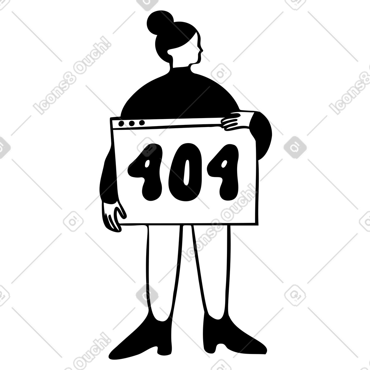 Ilustración Mujer recibe error 404, página no encontrada en estilo Journal a descargar en PNG y SVG