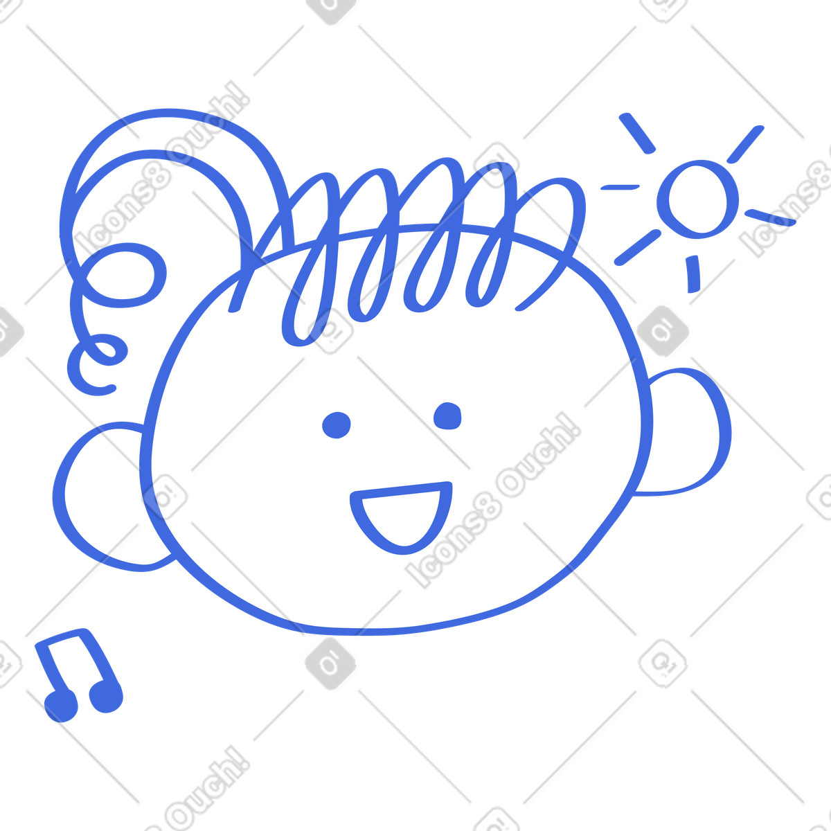 Curly hair head smiling with sun and music notes-Illustration im Ballpoint Pen-Stil als Download in PNG, SVG