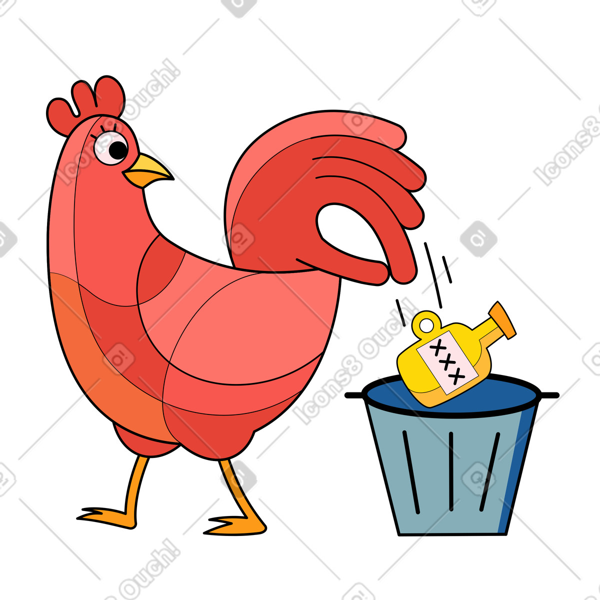 Illustration Coq jetant une bouteille dans poubelle pour la recycler le style Surr à télécharger aux formats PNG, SVG