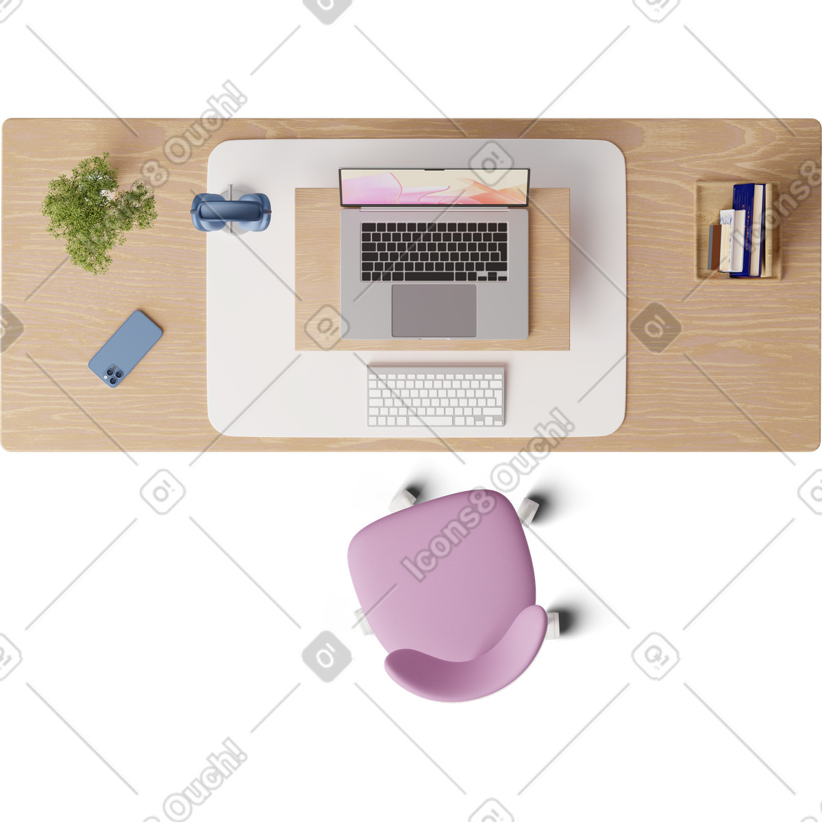 Top view of desk with laptop illustrazione in stile 3D Hygge scarica in PNG, SVG